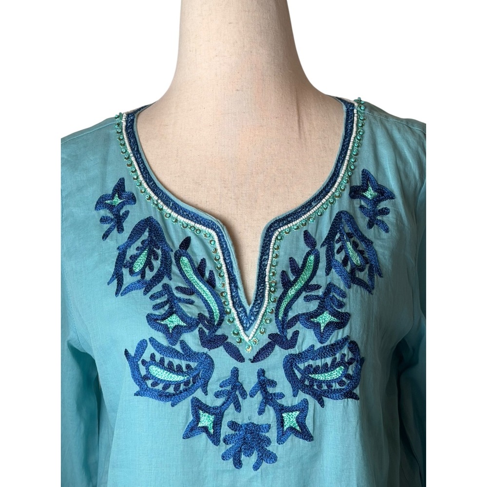 Journal Embroidered Tunic Women 6 Turquoise Blue Beaded Boho Cotton Top Cottage - Picture 4 of 13